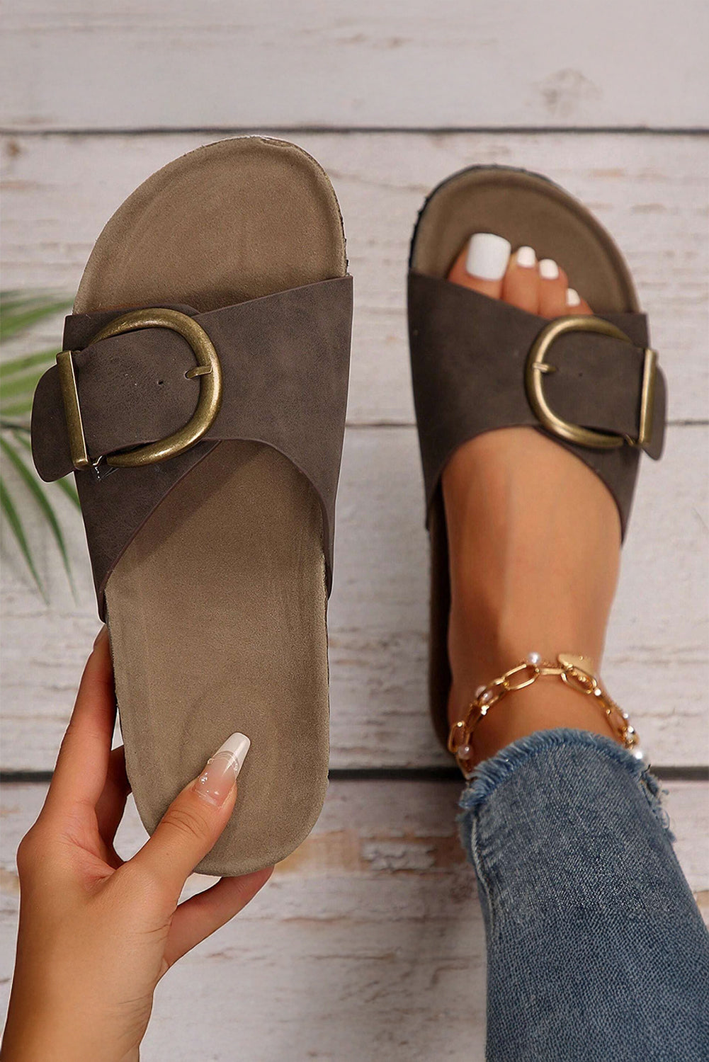 Coffee Buckle Decor Faux Suede Sandals