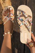 Beige Boho Printed Woven Caged Flip Flops