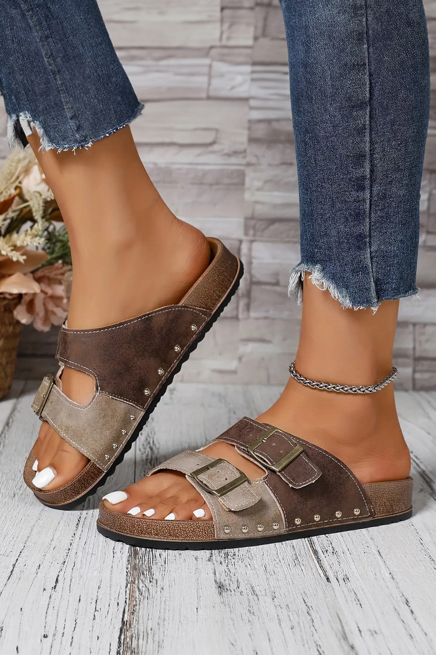 Coffee Leopard Two-tone Retro Buckle Sandals