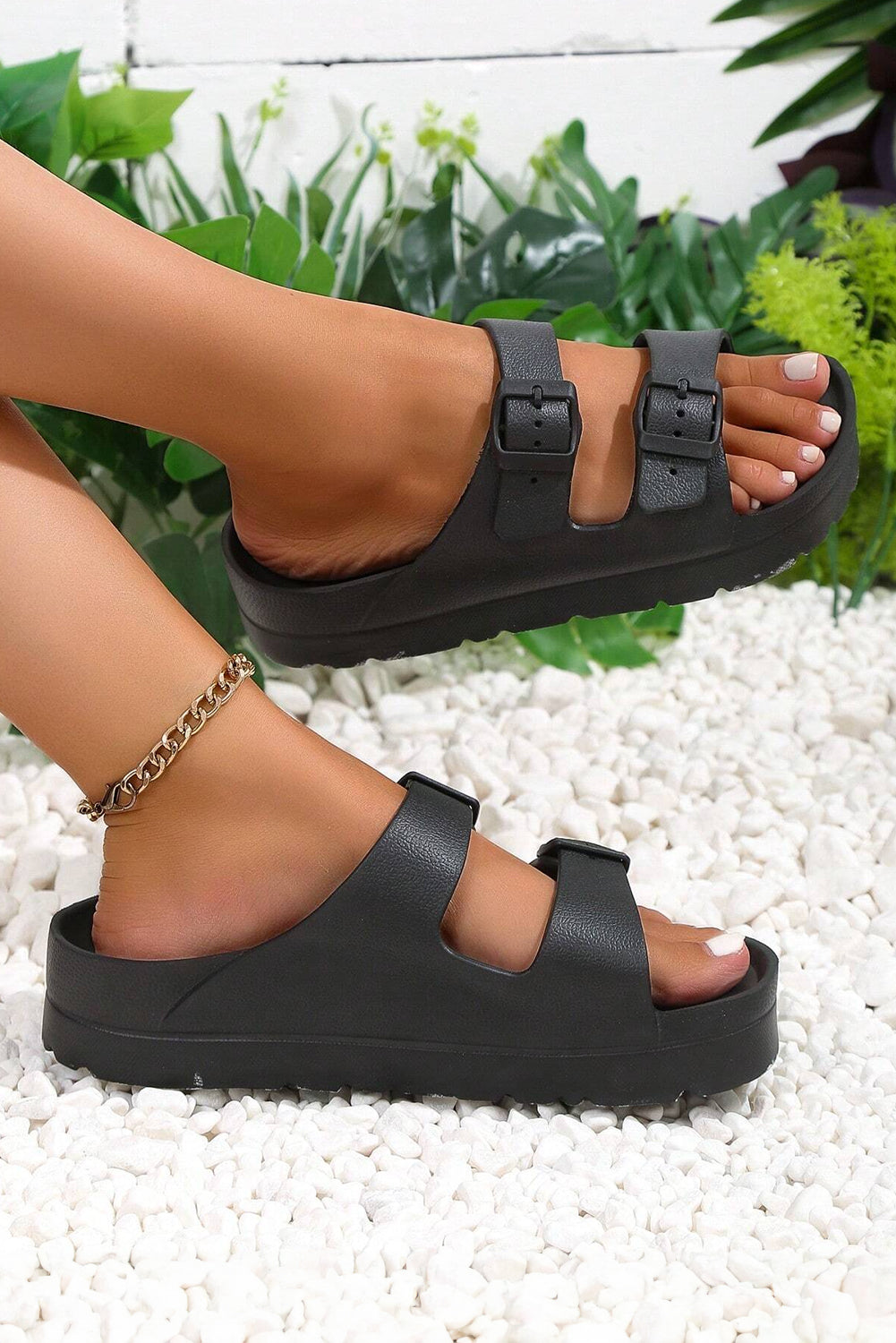 Black Double-Buckle Slippers