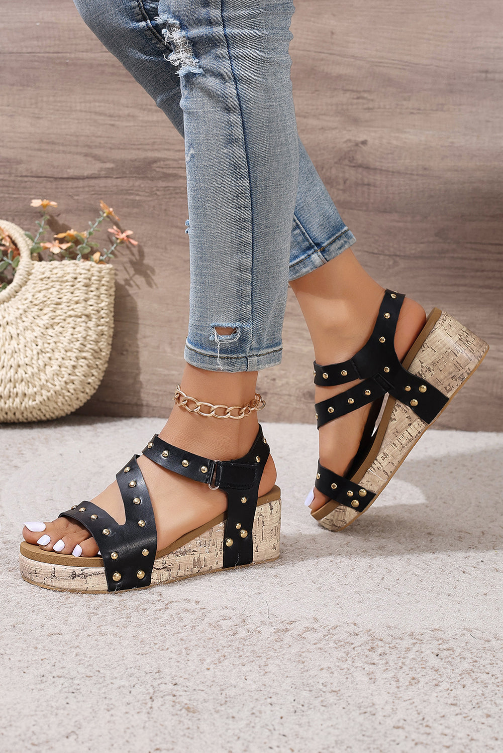 Black Rivet Wedge Sandals