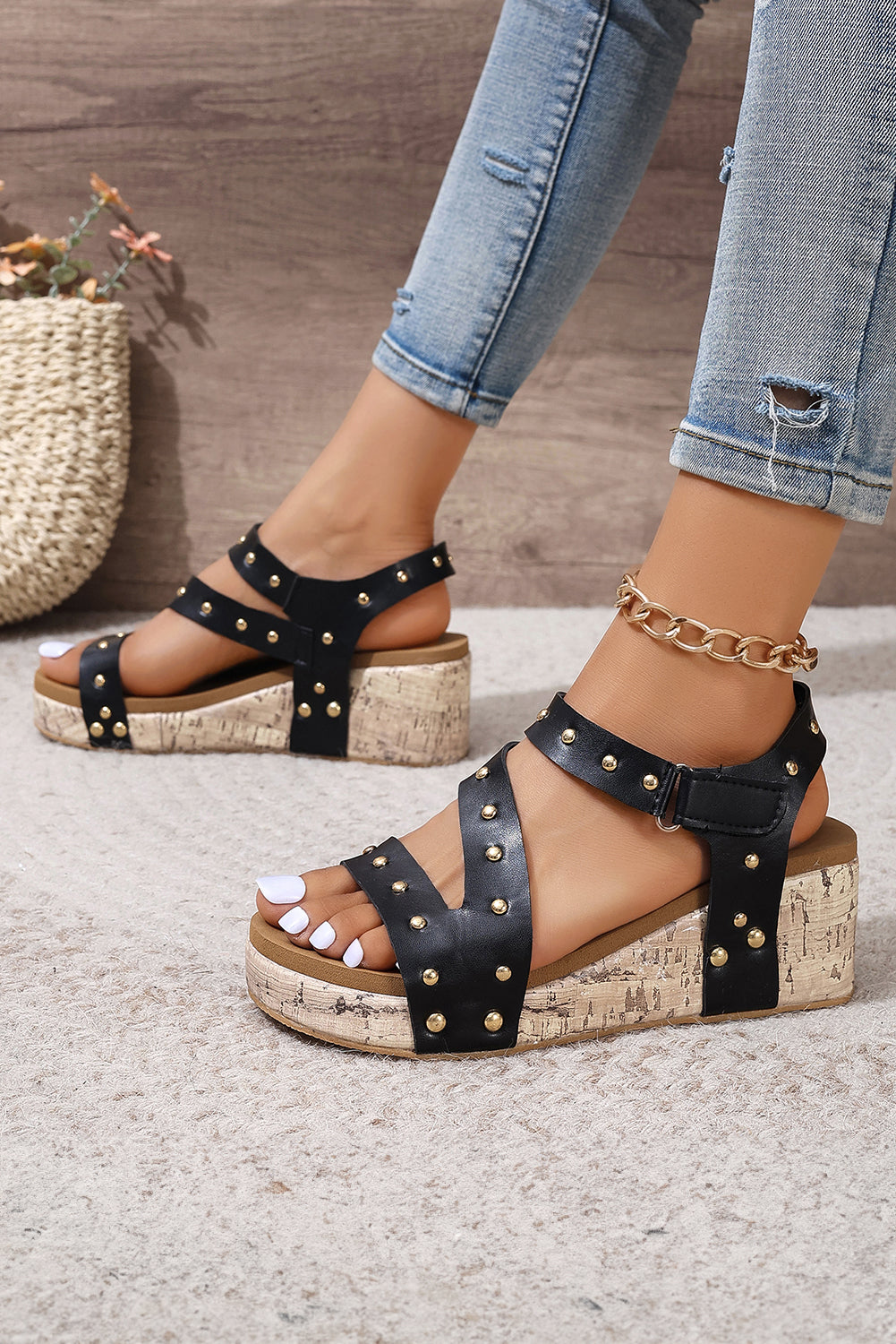 Black Rivet Wedge Sandals