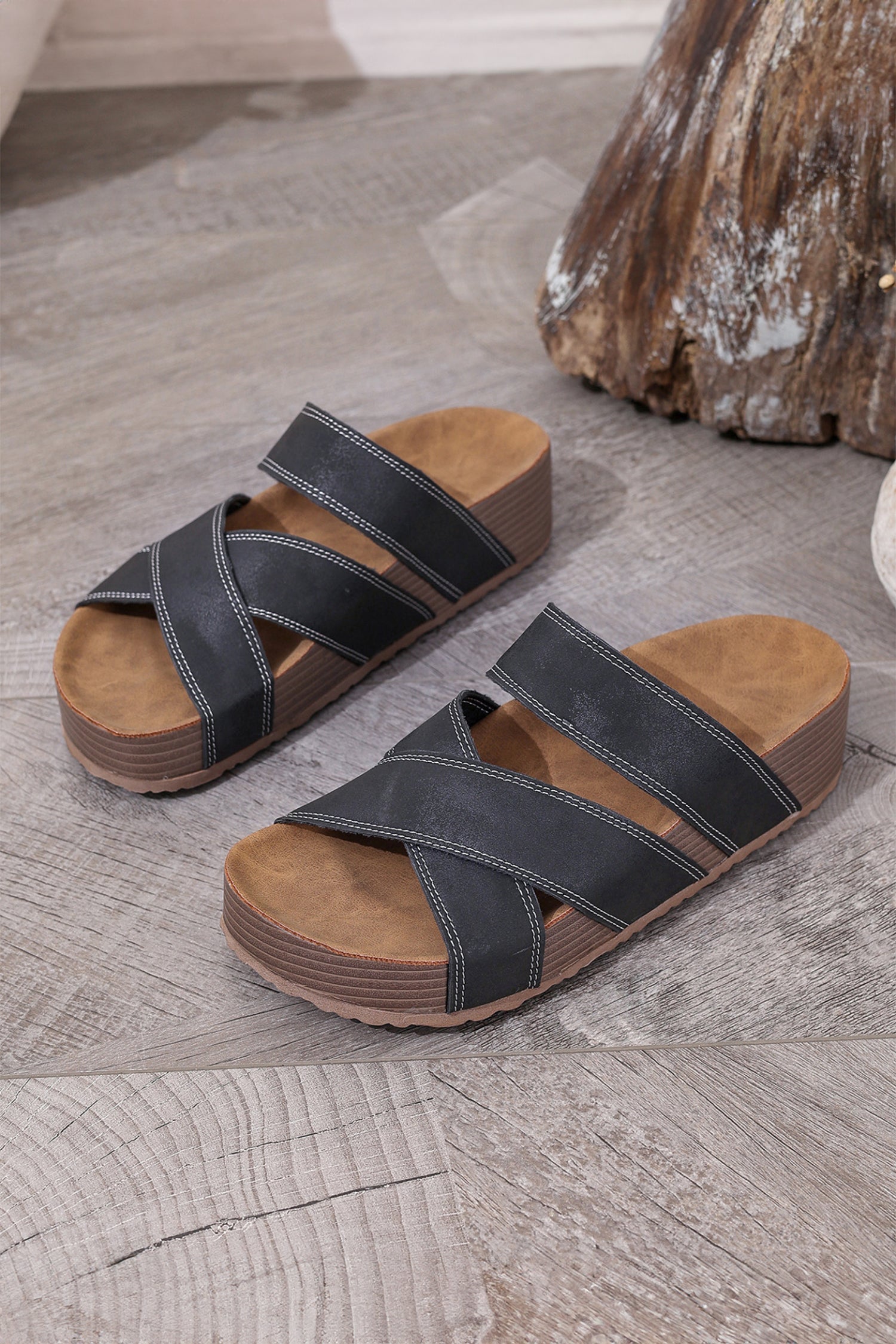 Color Contrast Stitch Crossed Sandals