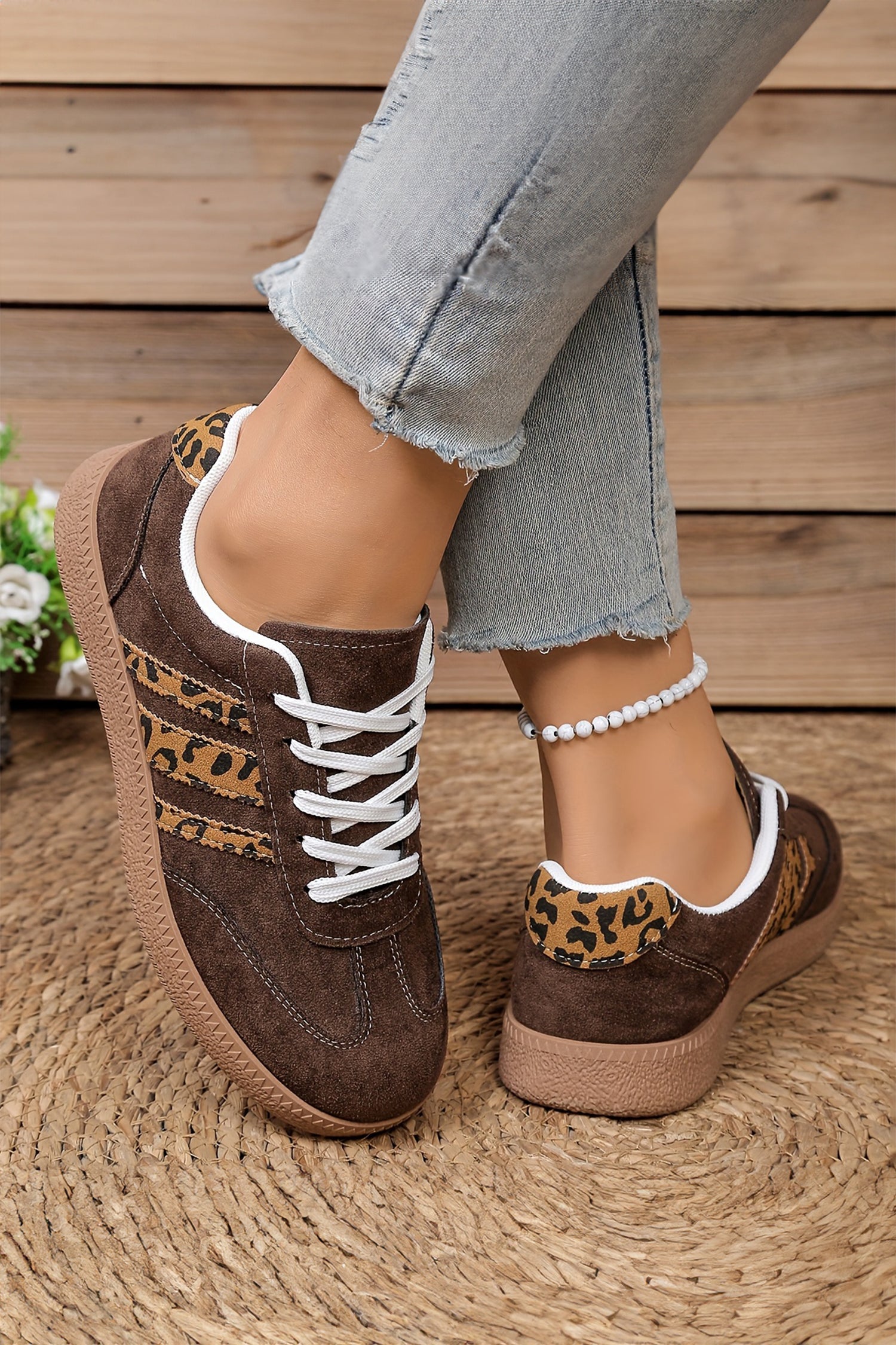 Coffee Contrast Lace-up Leopard Sneaker