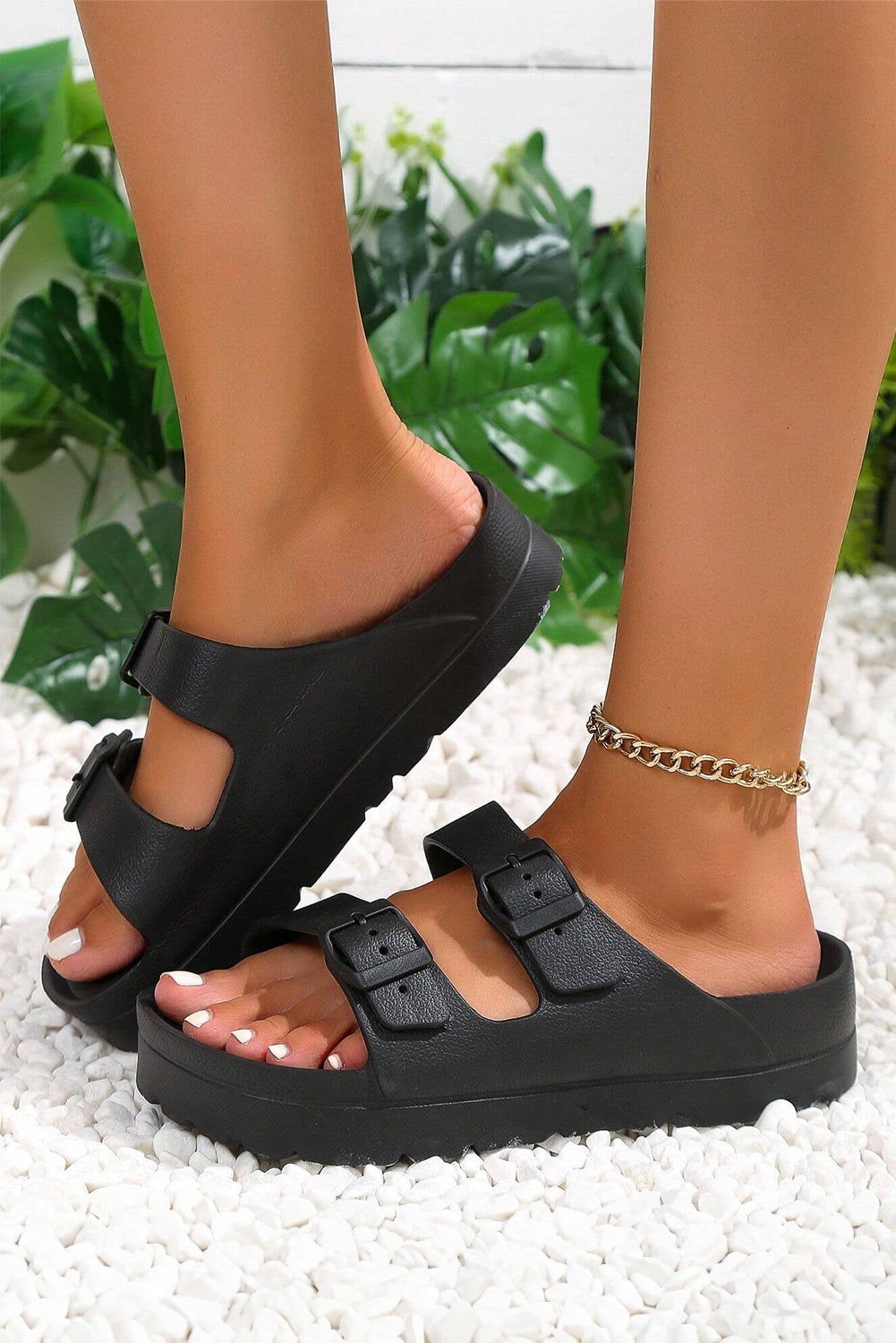 Black Double-Buckle Slippers
