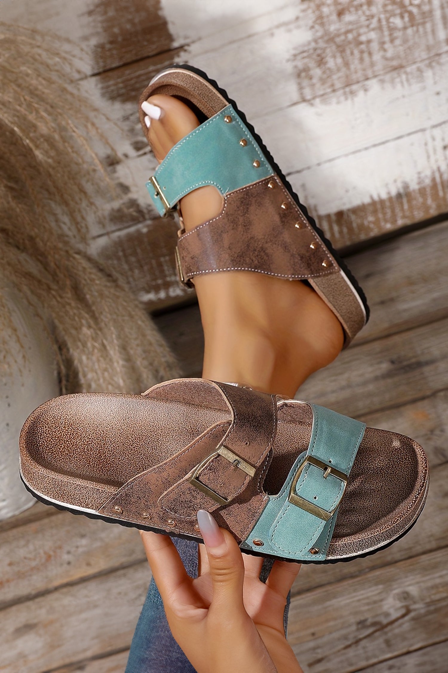 Coffee Leopard Two-tone Retro Buckle Sandals