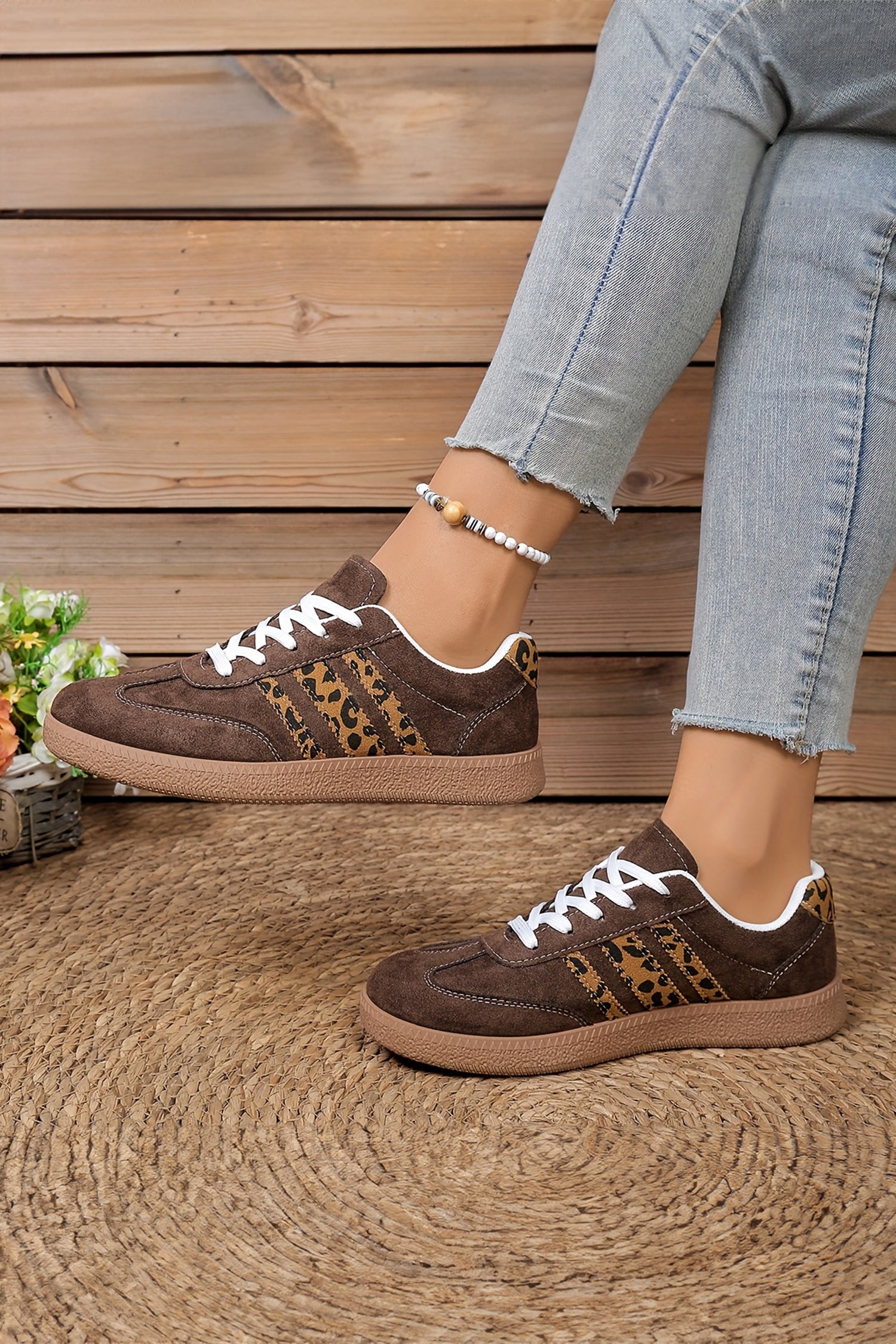 Coffee Contrast Lace-up Leopard Sneaker