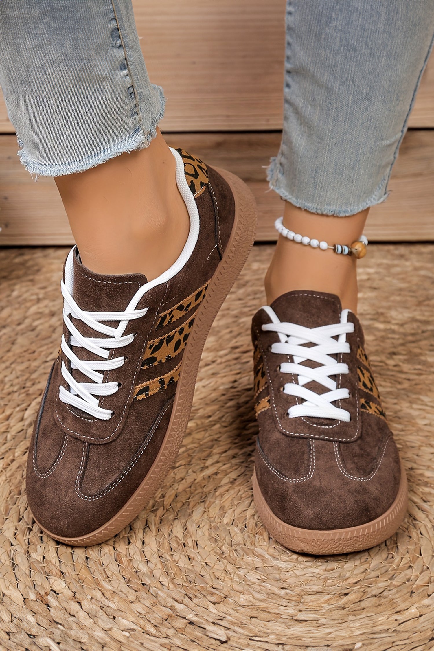 Coffee Contrast Lace-up Leopard Sneaker