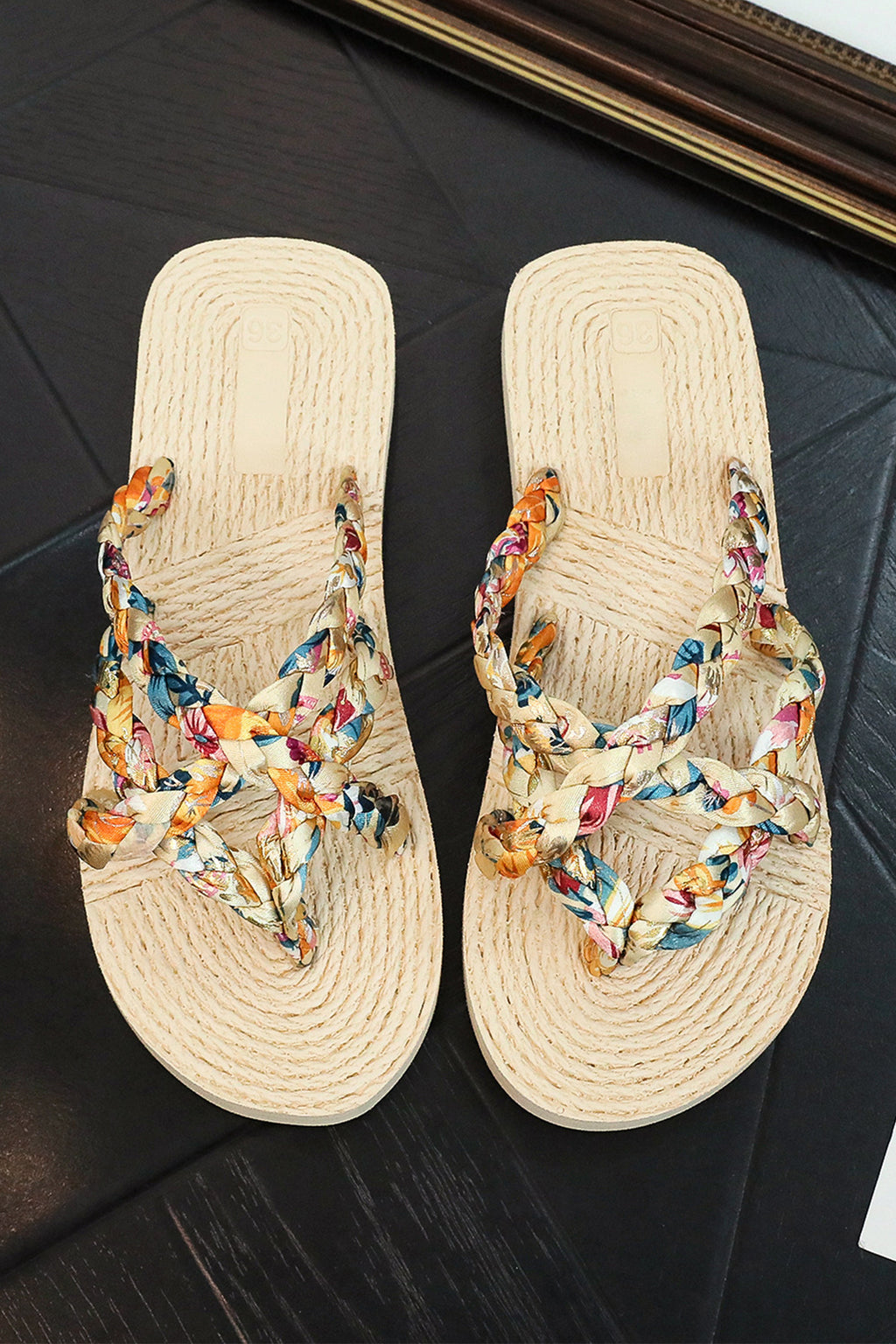 Beige Boho Printed Woven Caged Flip Flops