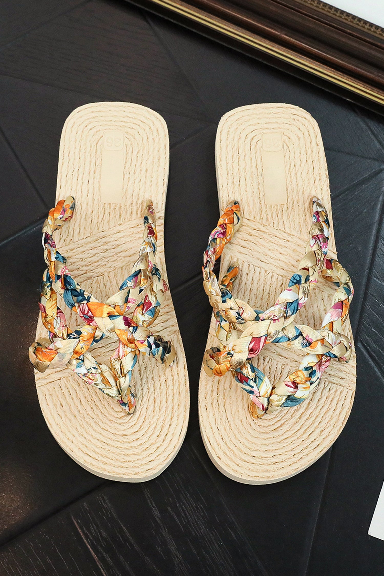 Beige Boho Printed Woven Caged Flip Flops