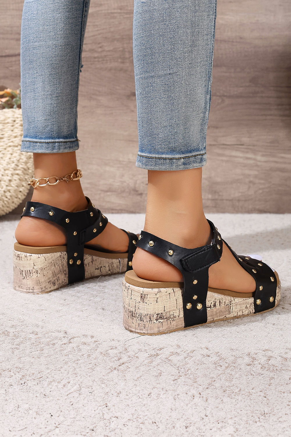 Black Rivet Wedge Sandals