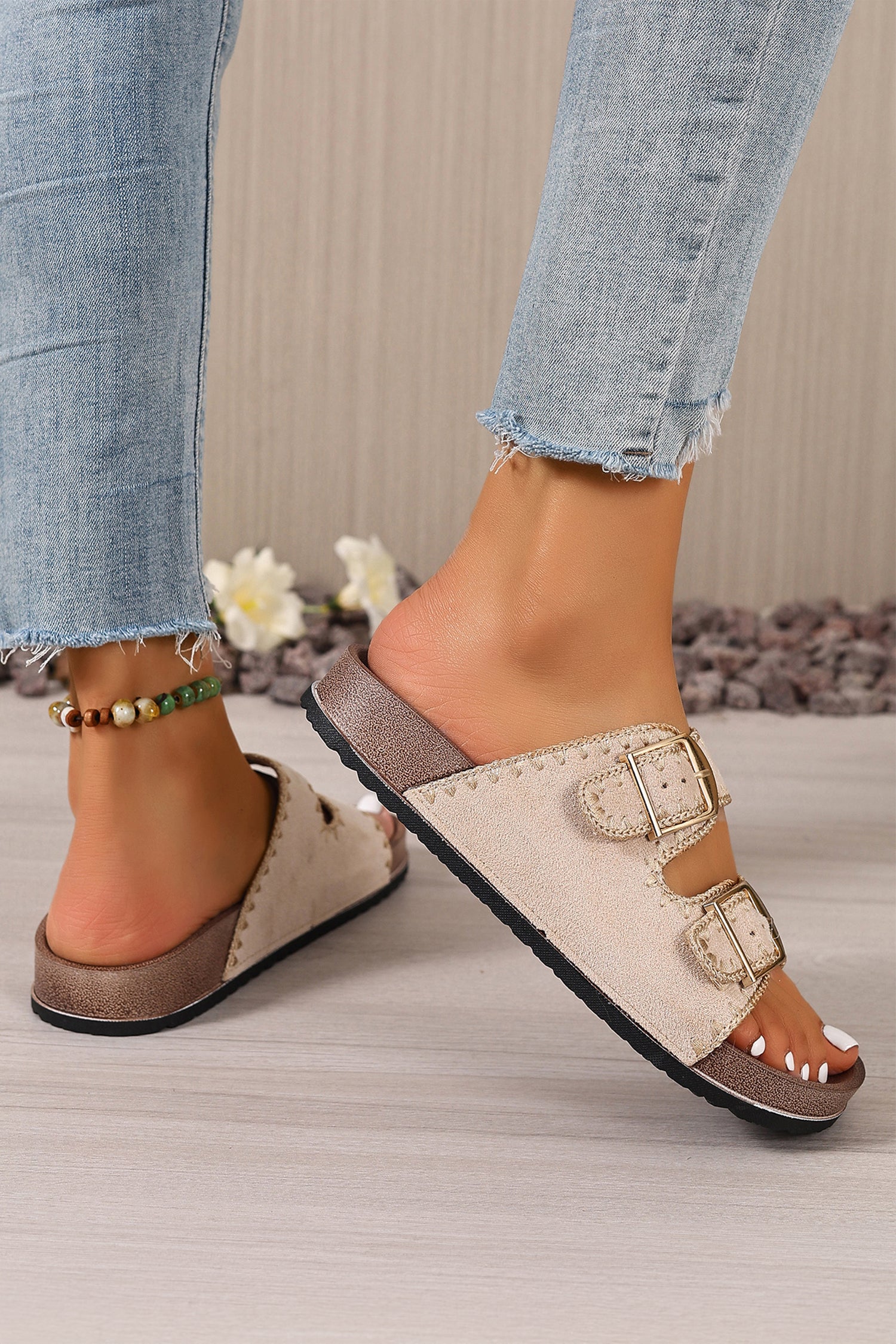 Black Embroidered Trim Retro Buckle Sandals