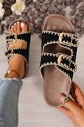 Black Embroidered Trim Retro Buckle Sandals