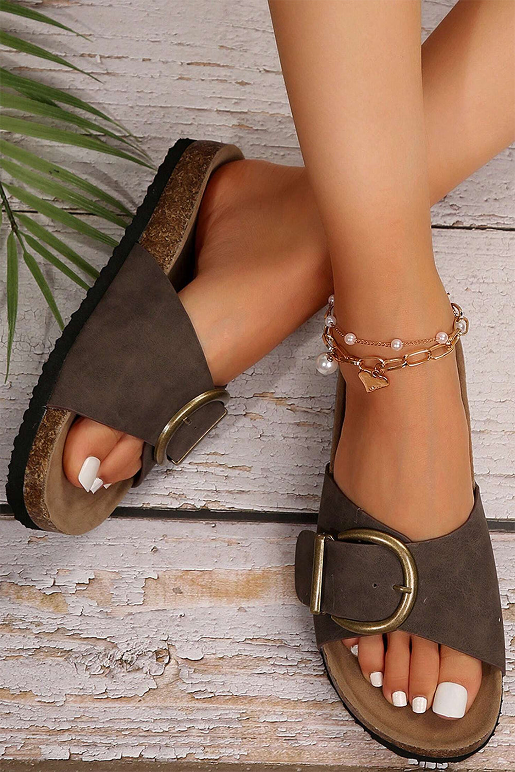 Coffee Buckle Decor Faux Suede Sandals