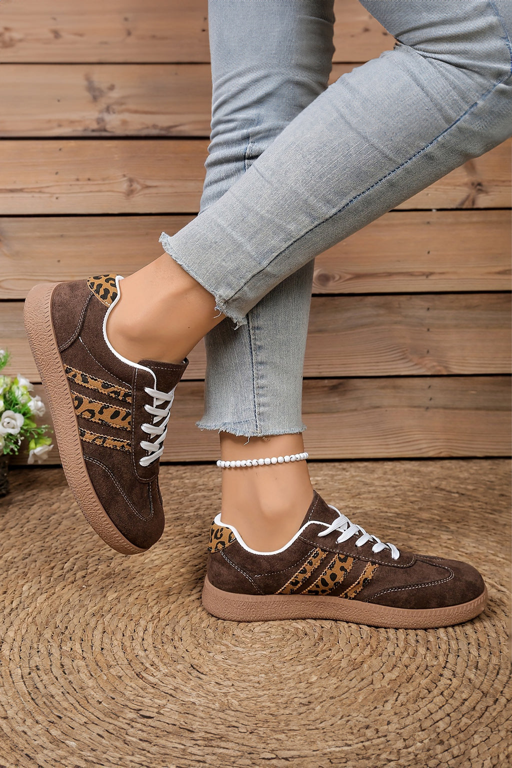 Coffee Contrast Lace-up Leopard Sneaker
