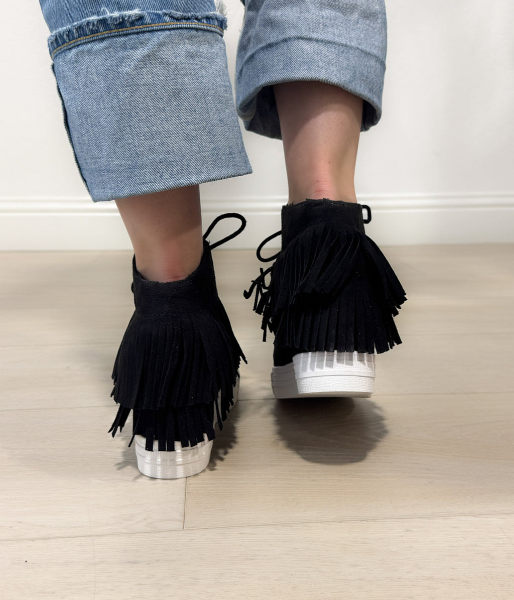 Nick Fringe Sneaker Wedge in Black